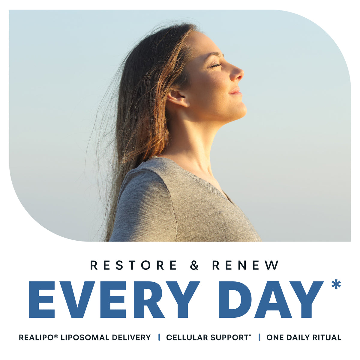 Woman outdoors with eyes closed, ReaLipo liposomal glutathione for daily cellular support