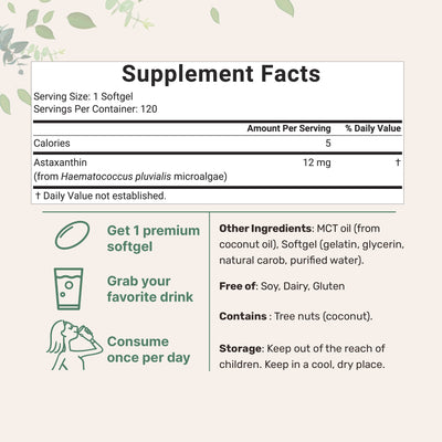 Micro Ingredients Astaxanthin 12mg, 120 softgels, tanning pills, Strength Carotenoids Skin Supplement w. 100% Natural Astaxanthin from MicroAlgae