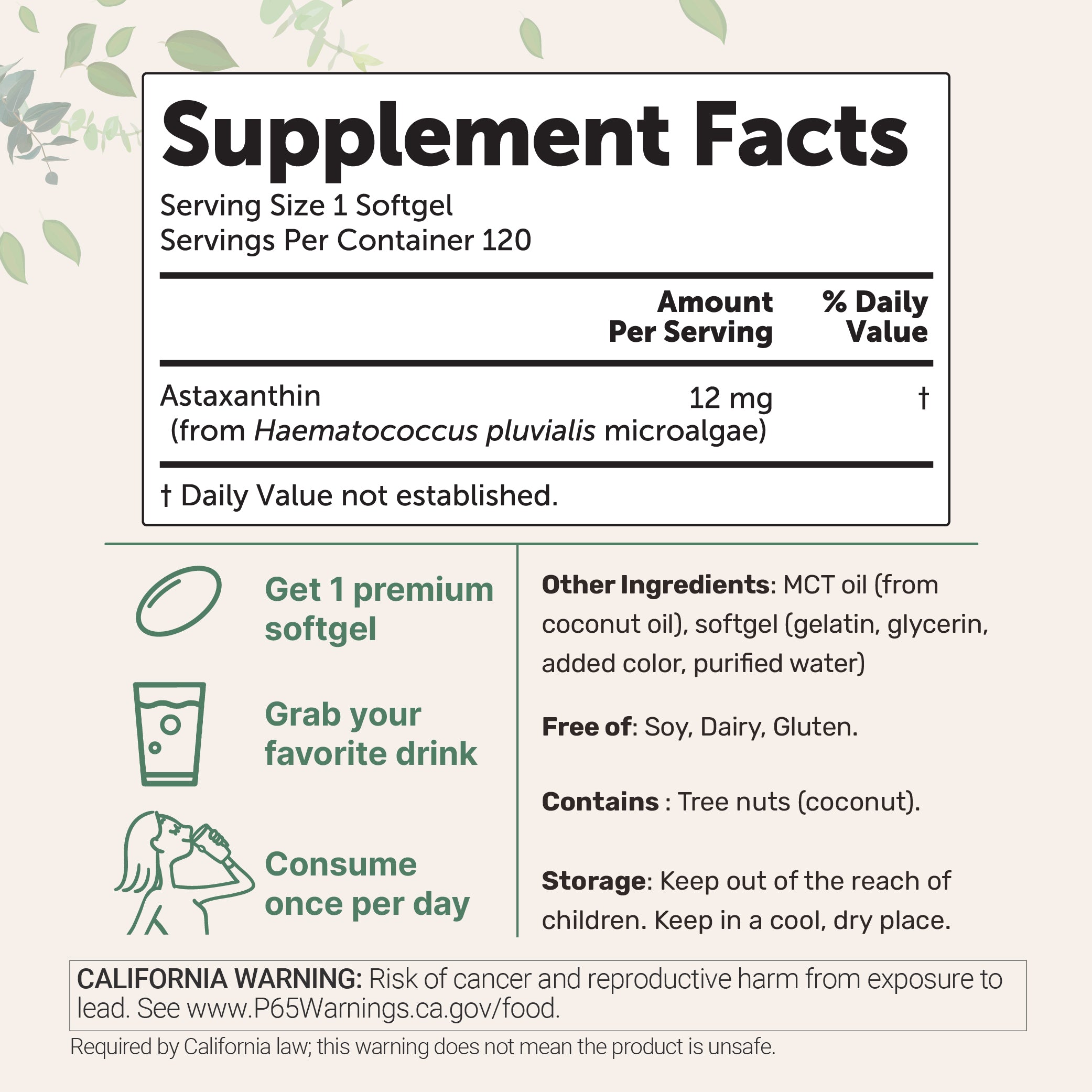 Micro Ingredients Astaxanthin 12mg, 120 softgels, tanning pills, Strength Carotenoids Skin Supplement w. 100% Natural Astaxanthin from MicroAlgae