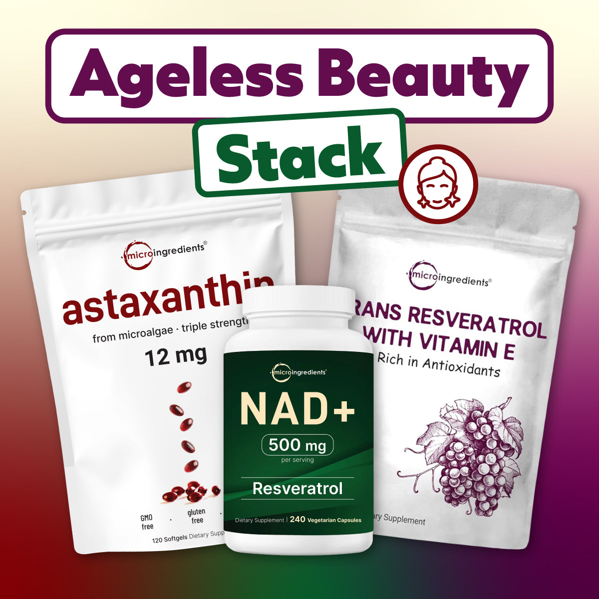 Ageless Beauty Stack: NAD+ Capsules, Trans-Resveratrol Powder & Astaxanthin Softgels