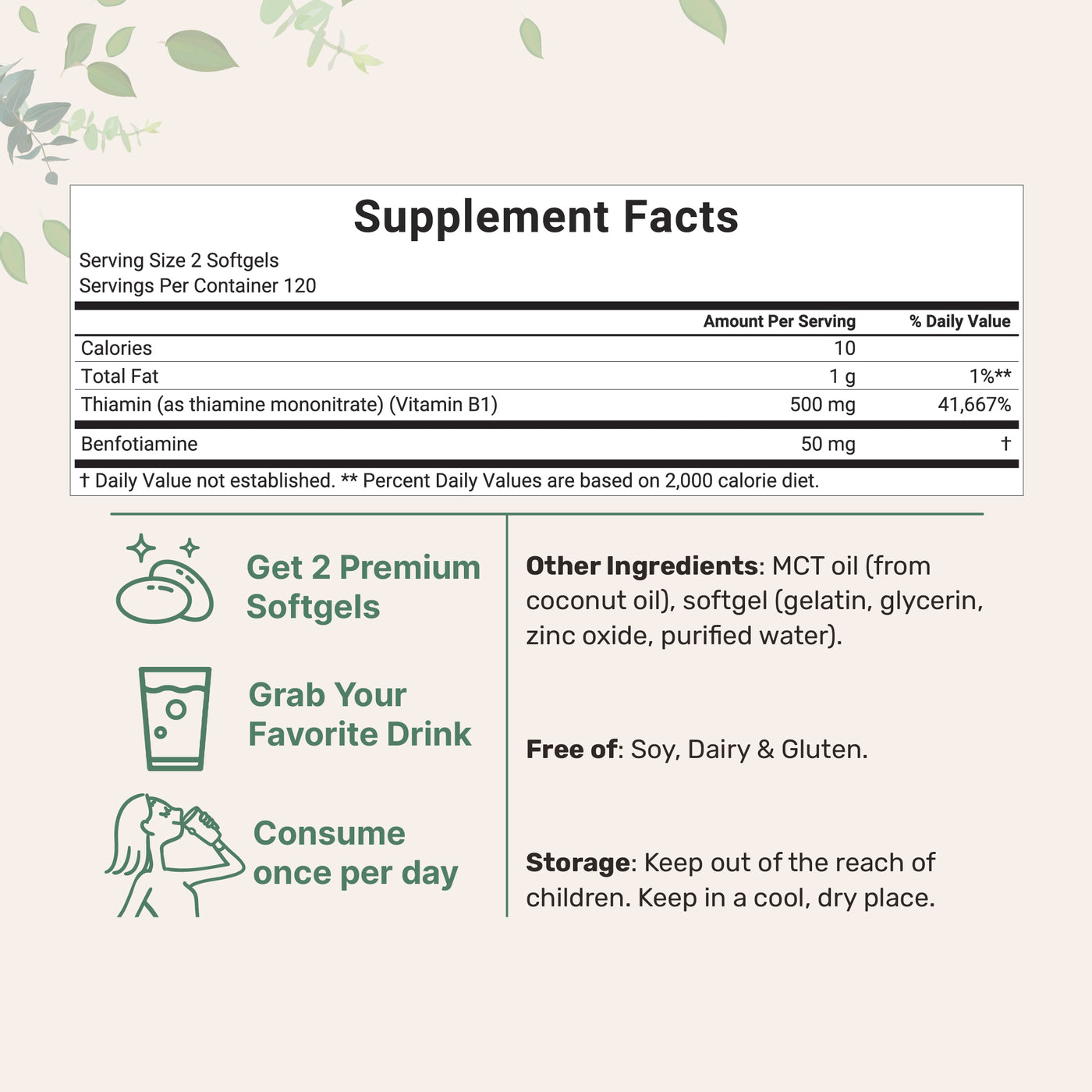 Micro Ingredients Vitamin B1 500mg with Benfotiamine with MCT Oil, 240 softgels