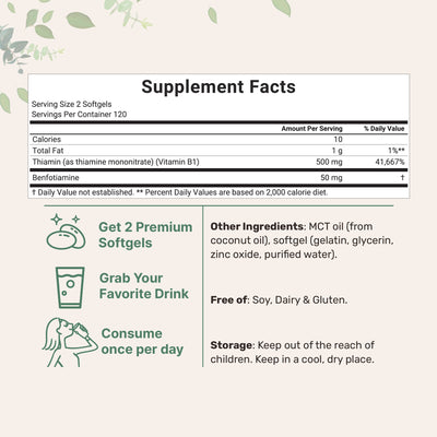 Micro Ingredients Vitamin B1 500mg with Benfotiamine with MCT Oil, 240 softgels