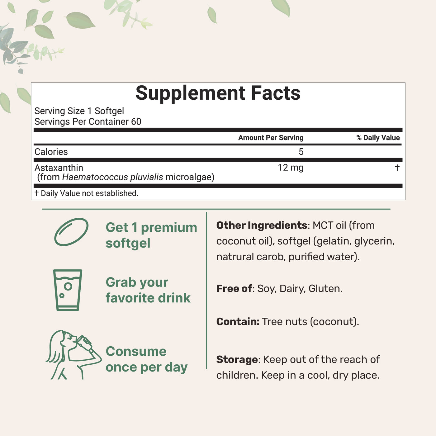 Micro Ingredients Astaxanthin 12mg with MCT Oil, 60 Softgels