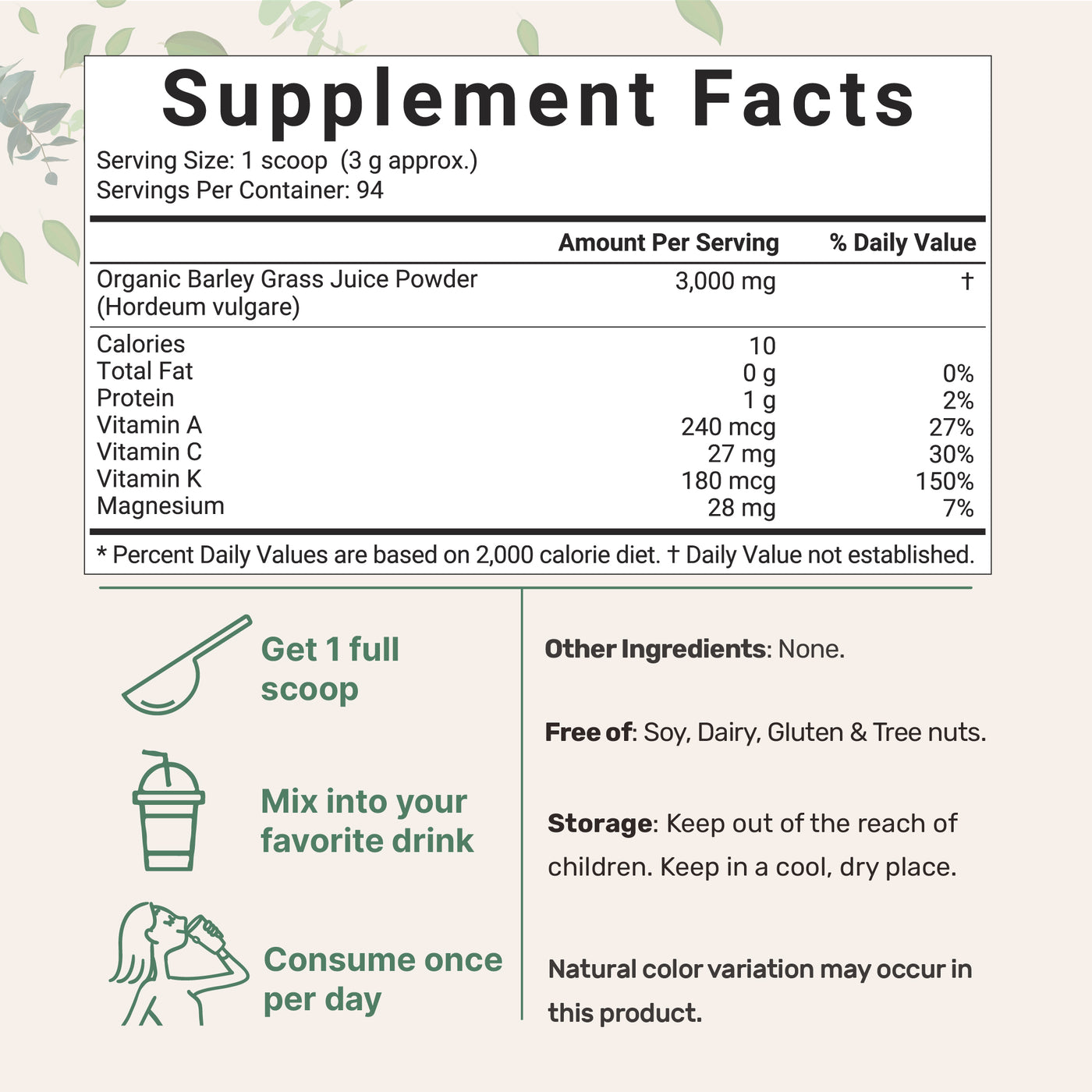 Organic Barley Grass Juice Powder, 10 Ounce Supplement facts