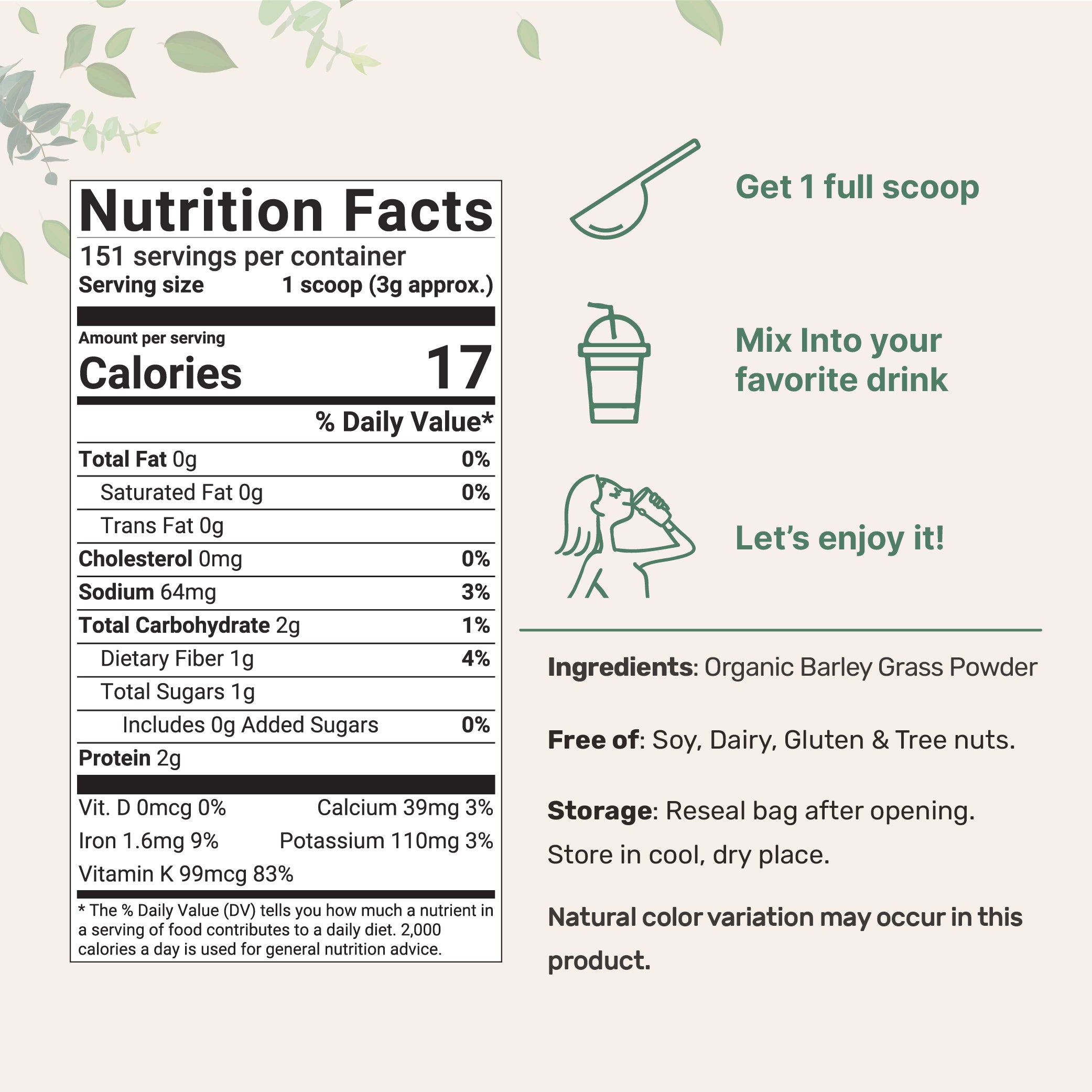 Organic Barley Grass Powder Nutrition Facts