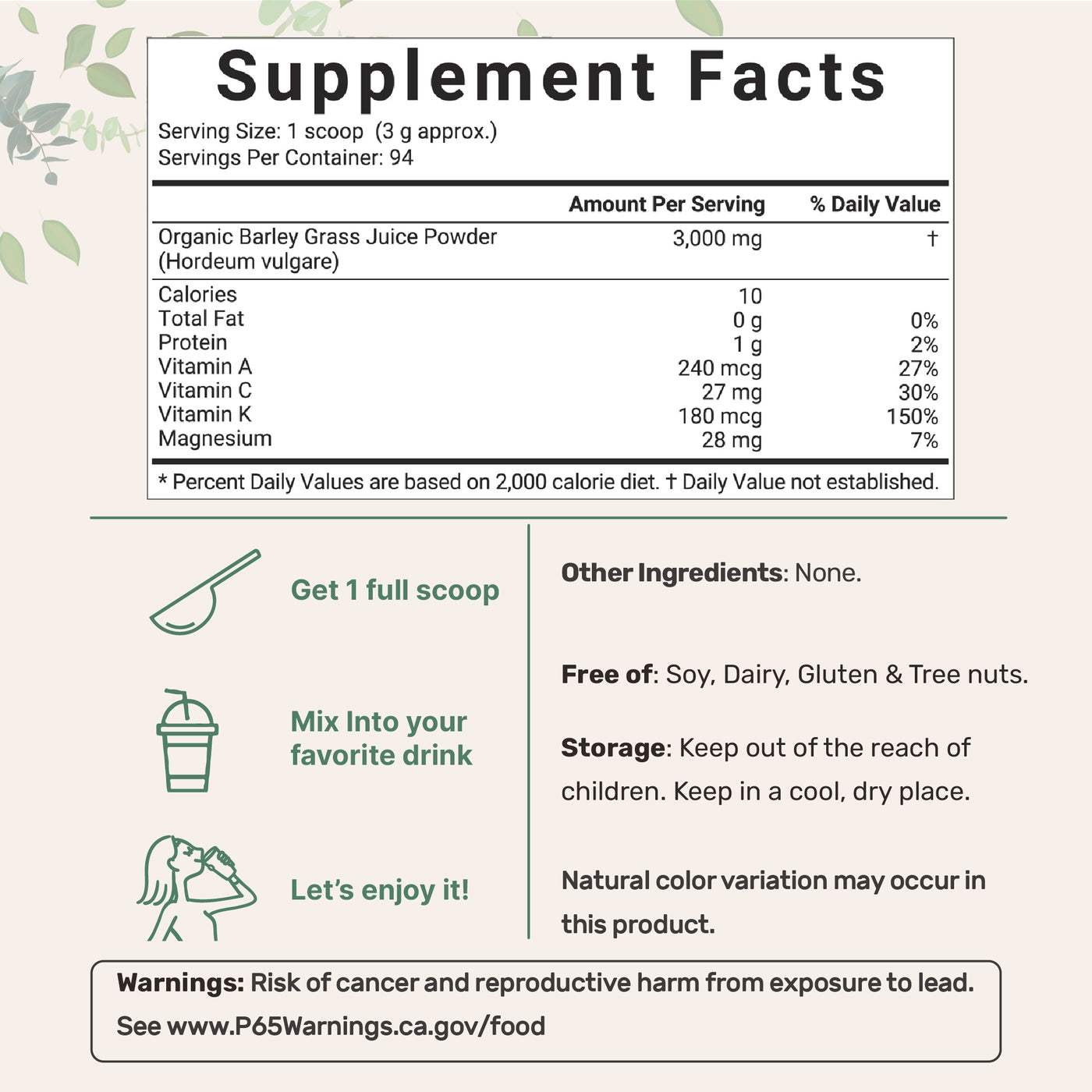 Micro Ingredients Organic Barley Grass Juice Powder, 10 Ounce