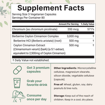 Micro Ingredients Berberine with Ceylon Cinnamon and Chromium 3,000mg Complex, 240 Veggie Capsules
