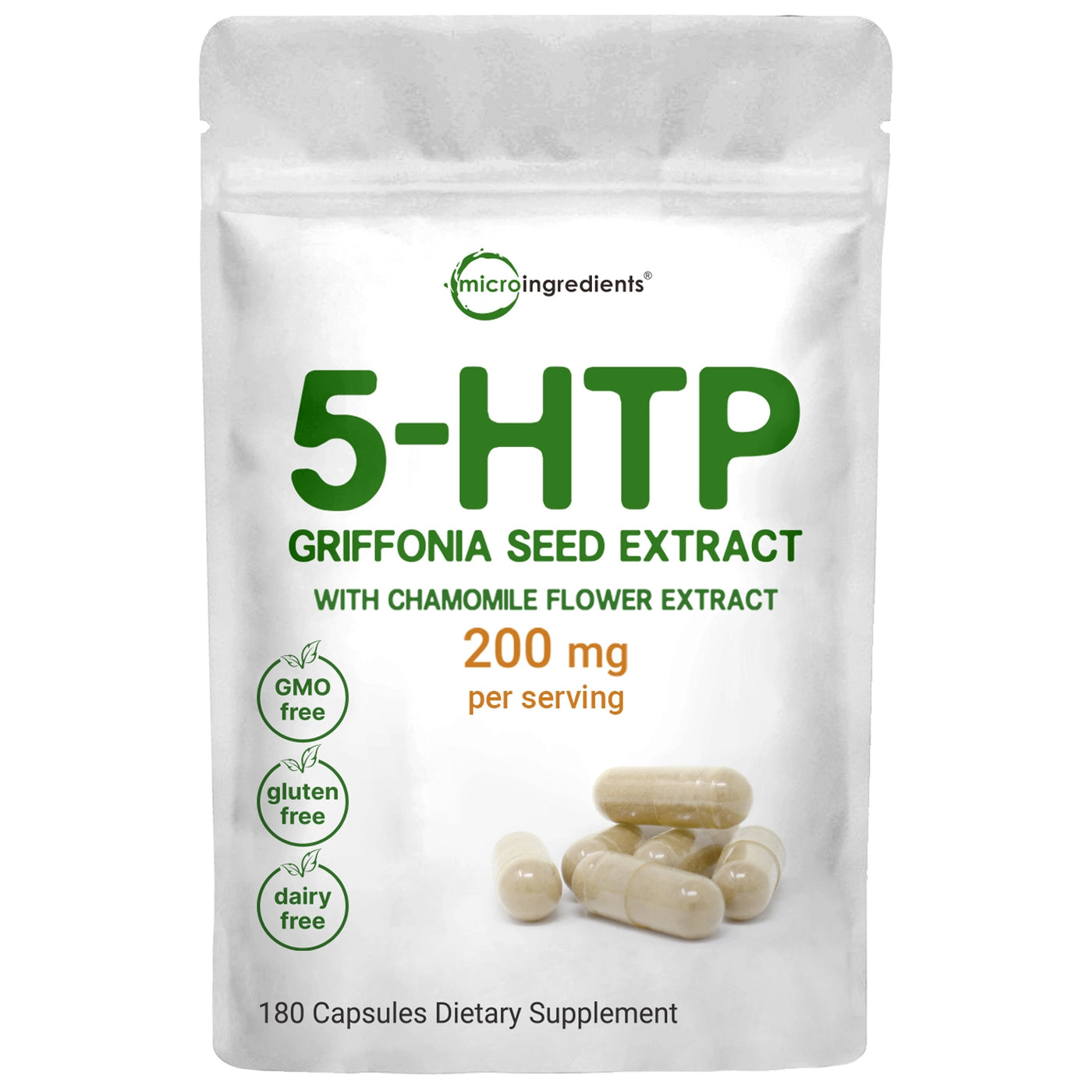 Best 5-htp supplement, 5-HTP with Chamomile 200mg, 180 Capsules front
