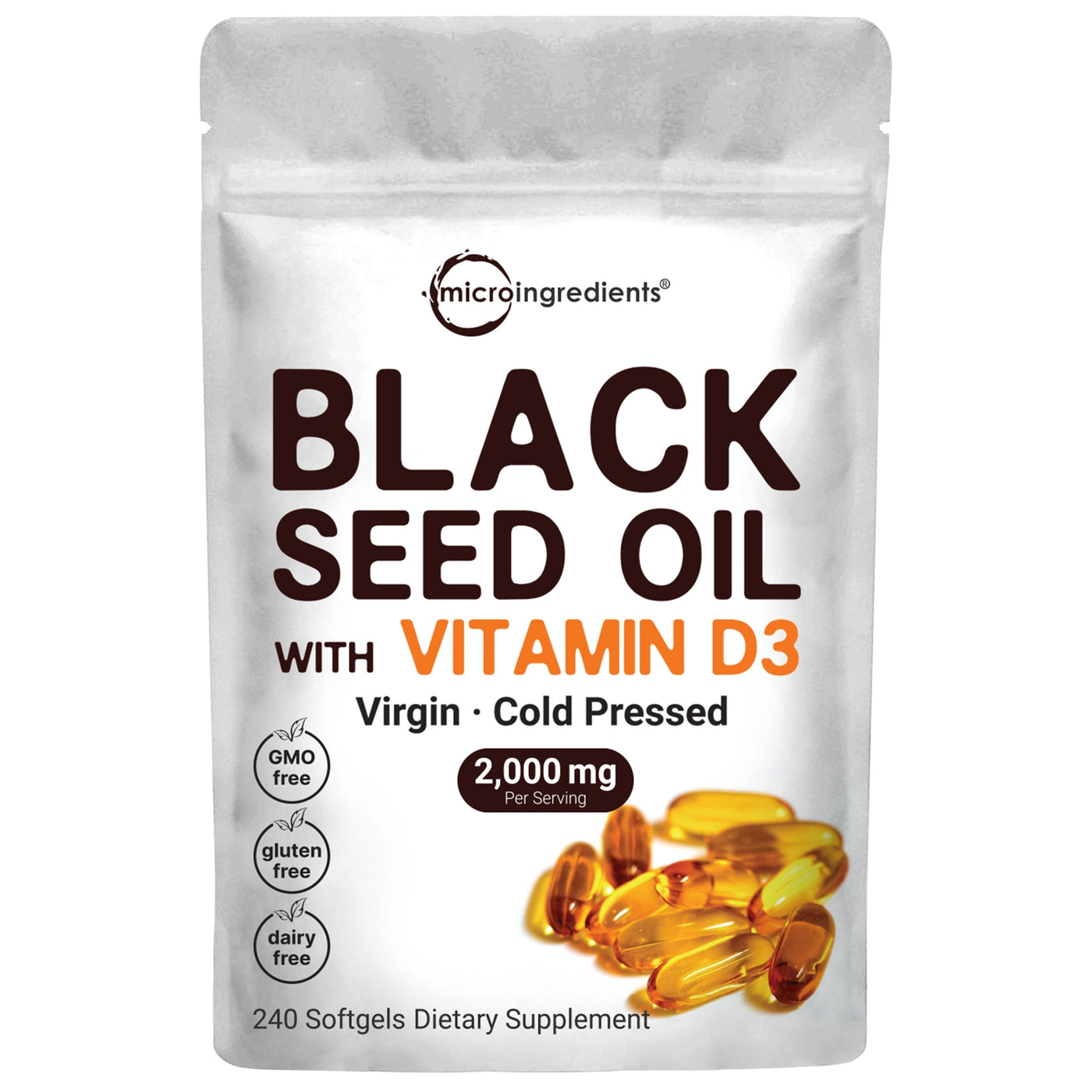 Black Seed Oil 2000 mg with Vitamin D3 1000 IU, 240 Softgels front