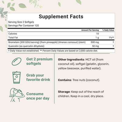 Micro Ingredients Bromelain 500mg with Quercetin & MCT Oil, 240 Enteric Coated Softgels
