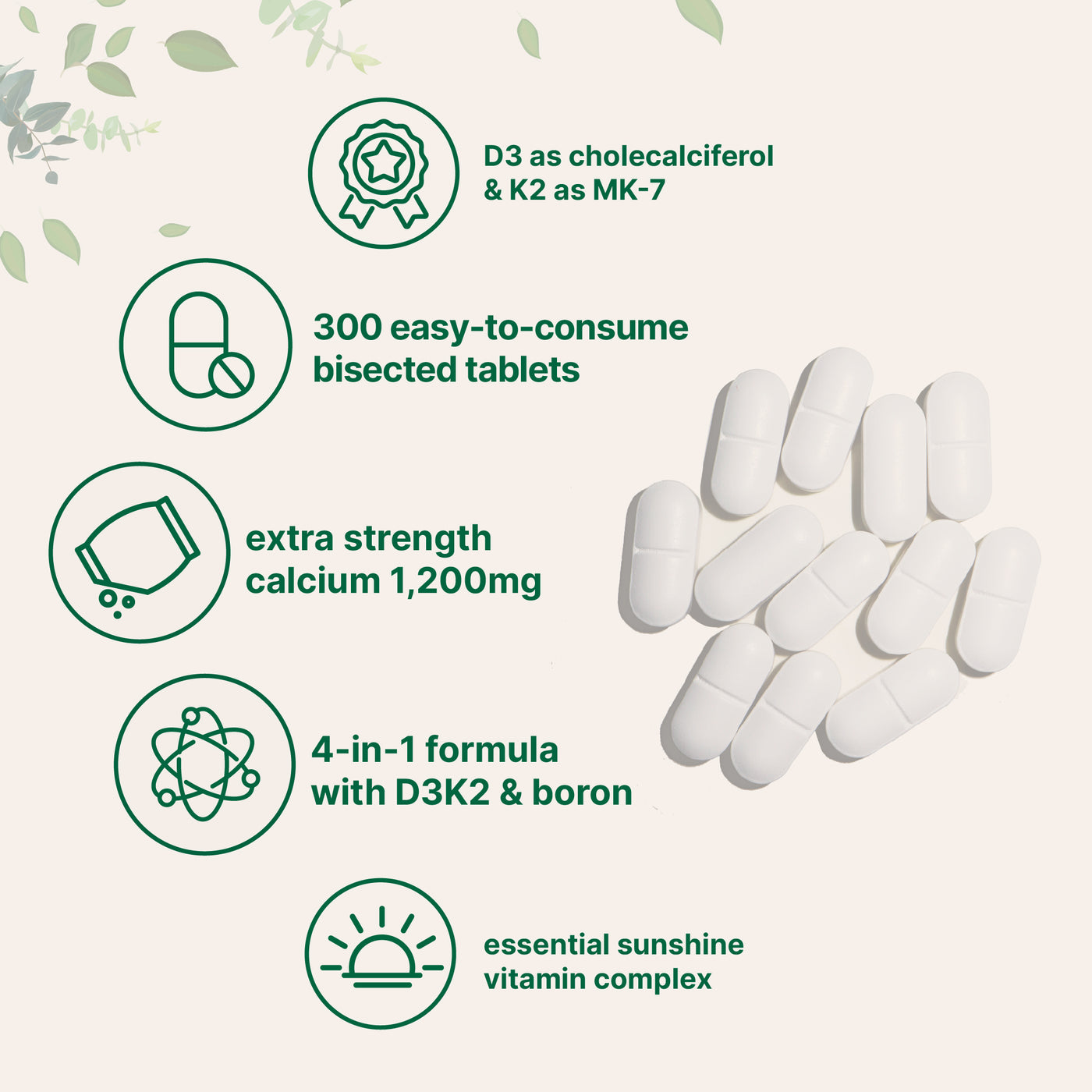 Micro Ingredients Calcium 1,200 mg with Vitamin D3 Plus K2 (MK-7) & Boron, 300 Tablets