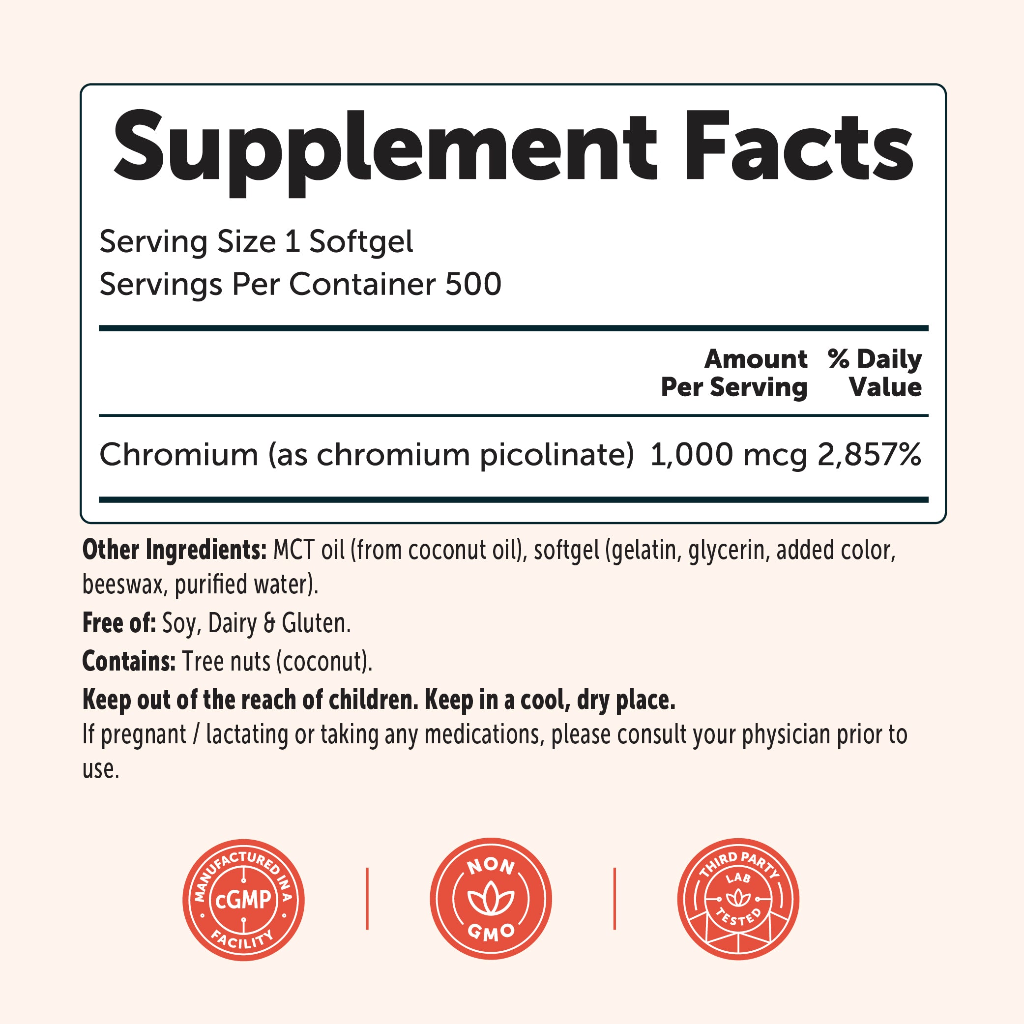 Micro Ingredients Chromium Picolinate 1000mcg with MCT Oil, 500 Softgels