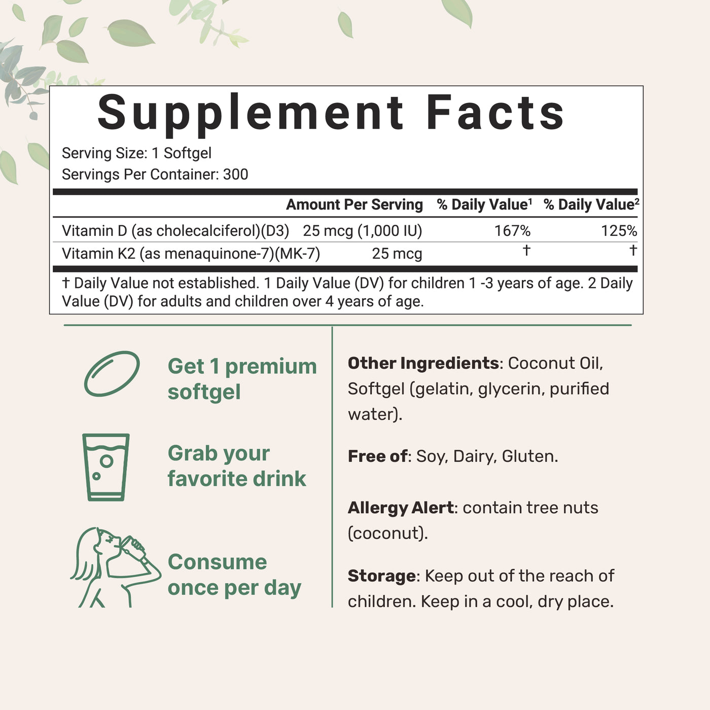 Micro Ingredients Vitamin D3 K2 5000IU /2000IU / 1000IU, Infused with Virgin Coconut Oil, 300 Softgels