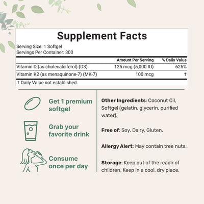 Micro Ingredients Vitamin D3 K2 5000IU /2000IU / 1000IU, Infused with Virgin Coconut Oil, 300 Softgels