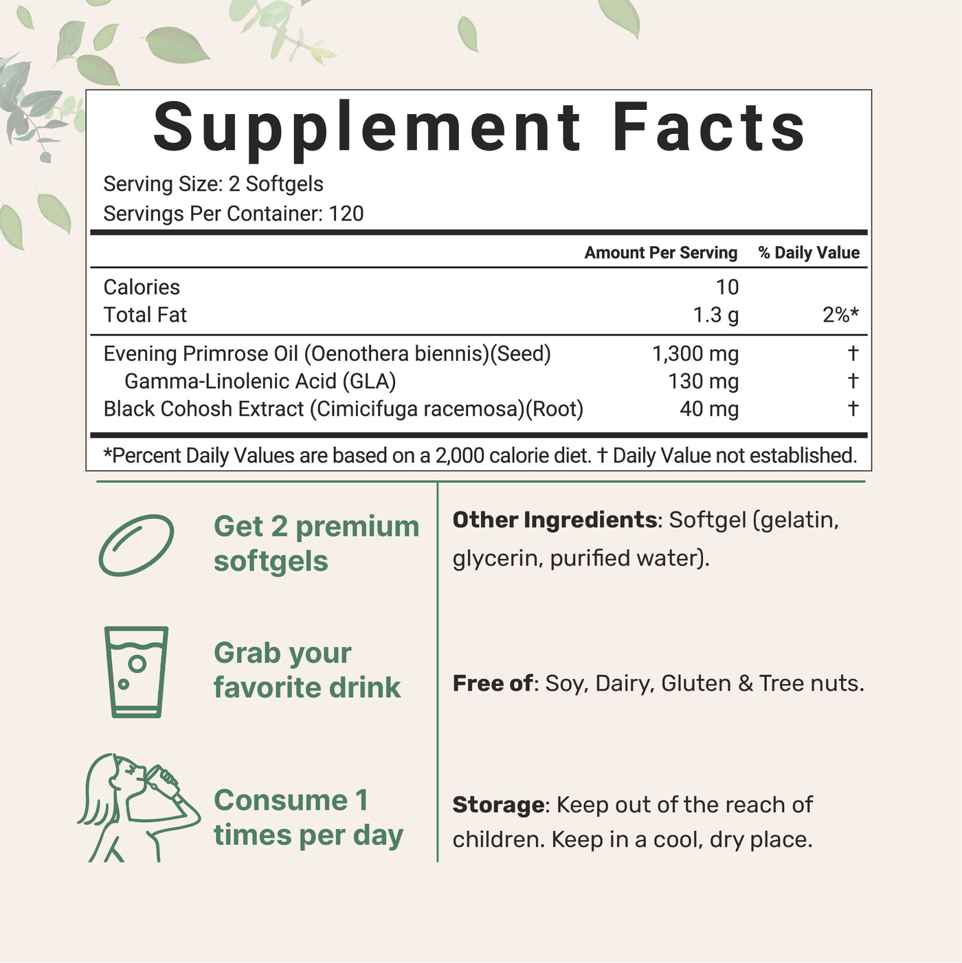 Evening Primrose Oil 1300mg,  240 Softgels Supplement Facts