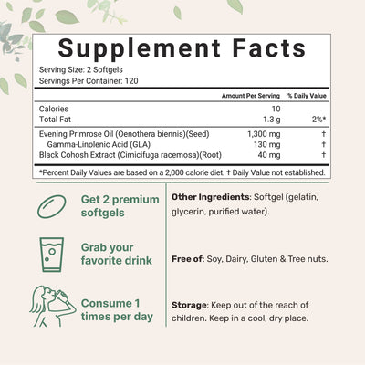 Evening Primrose Oil 1300mg,  240 Softgels Supplement Facts