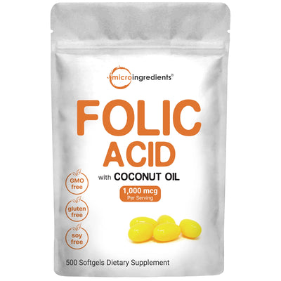 Folic Acid 1,000 mcg, 500 Coconut Oil Softgels (1mg) front