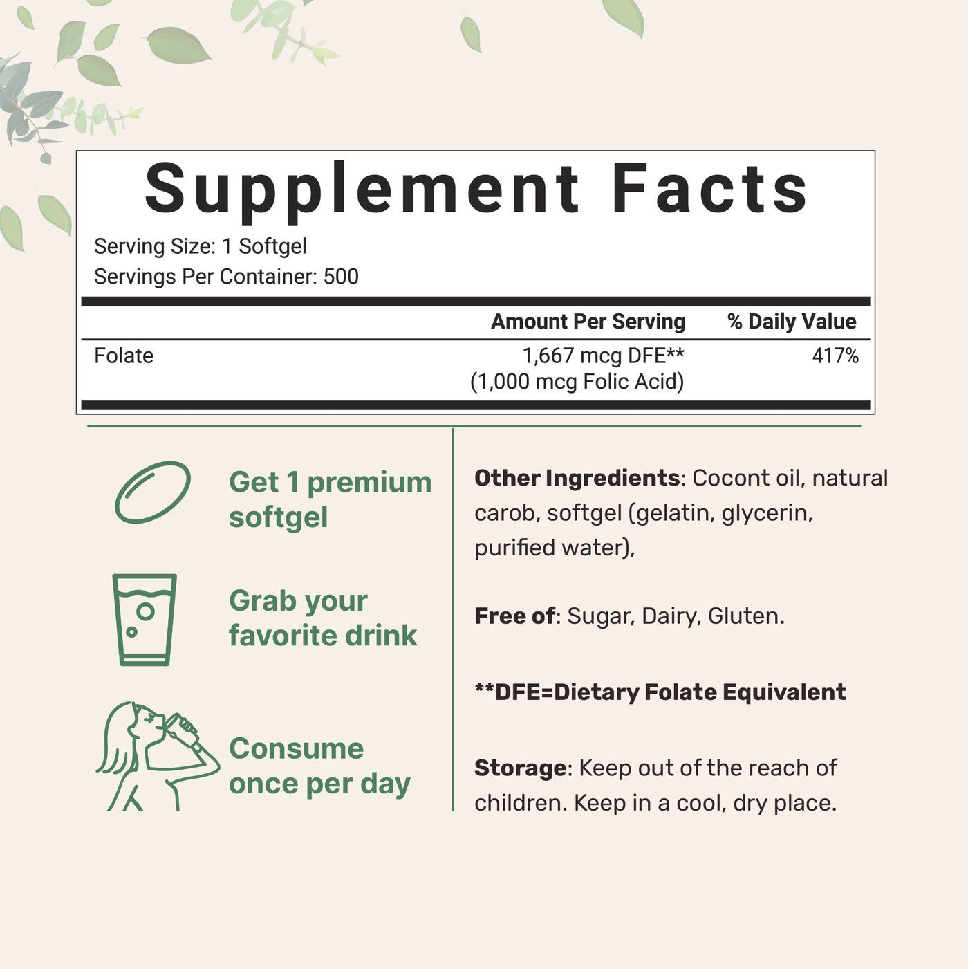 Folic Acid 1,000 mcg, 500 Coconut Oil Softgels (1mg) Supplement Facts