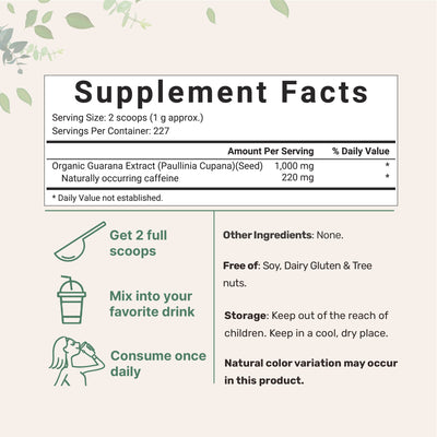 Organic Guarana Drink Mix Powder Supplement Facts