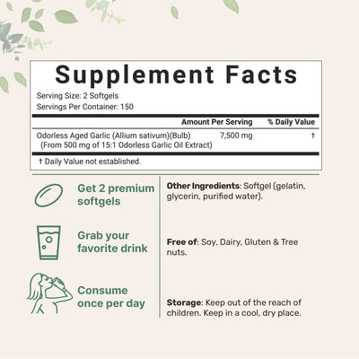 Odorless Garlic Pills 7500mg Servings, 300 Softgels Supplement Facts