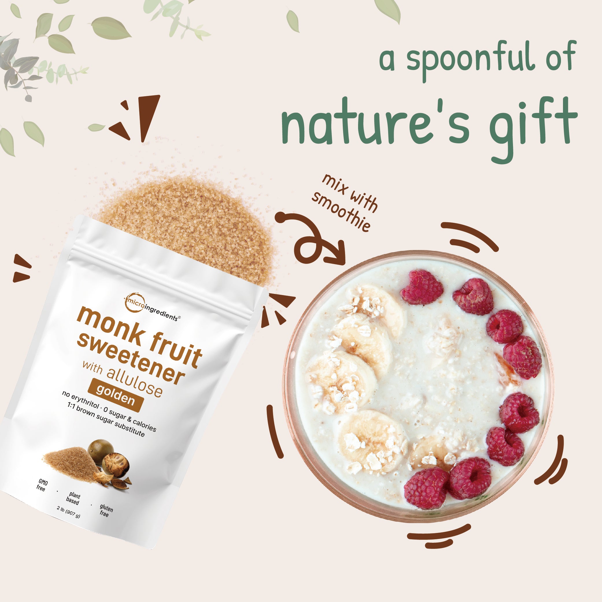 Micro Ingredients Golden Monk Fruit with Allulose Sweetener, 2 Lb – 1:1 Brown Sugar Substitute - Without Erythritol,  Zero Calorie, Great for Drinks, Coffee, Tea, Cookies | Keto, Vegan, Non-GMO