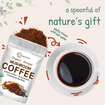 Organic 10 in 1 Ground Mushroom Coffee Powder, 24oz