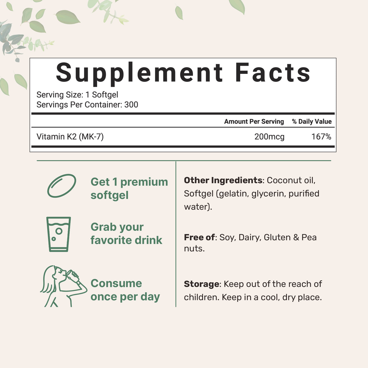 Vitamin K2 MK-7 Supplement, 200 mcg Per Serving, 300 Coconut Oil Softgles
