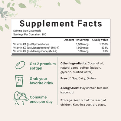 Vitamin K2 MK-4 + MK-7 & K1 Supplement, 360 Softgles with Coconut Oil