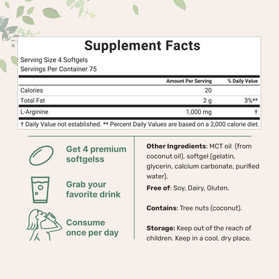 Micro Ingredients L-Arginine 1000mg with MCT Oil, 300 Softgels