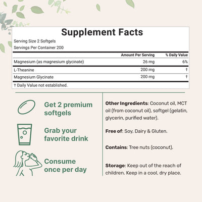 Micro Ingredients L-Theanine 200mg with Magnesium Glycinate 200mg, 400 Coconut MCT Oil Softgels
