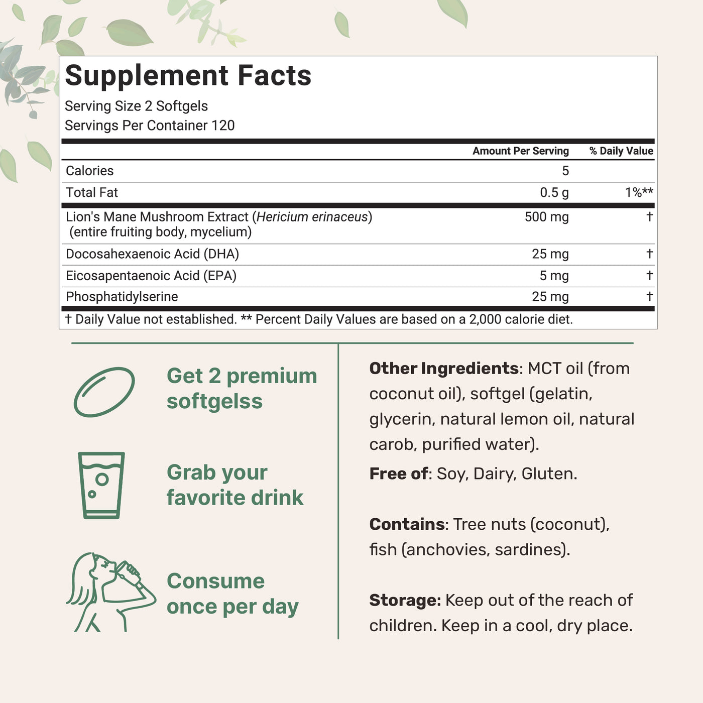 Micro Ingredients Lions Mane+ with Omega-3 & MCT Oil, 240 Softgels