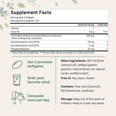 Micro Ingredients Lions Mane+ with Omega-3 & MCT Oil, 240 Softgels