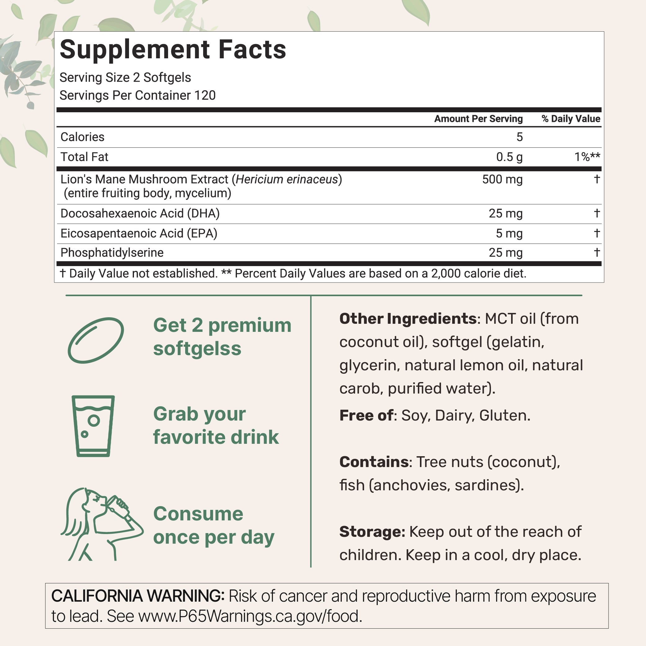 Micro Ingredients Lions Mane+ with Omega-3 & MCT Oil, 240 Softgels