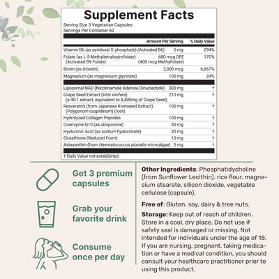 Micro Ingredients Pure Liposomal NAD+ for Women 9,000mg Equivalent, 180 Veggie Capsules