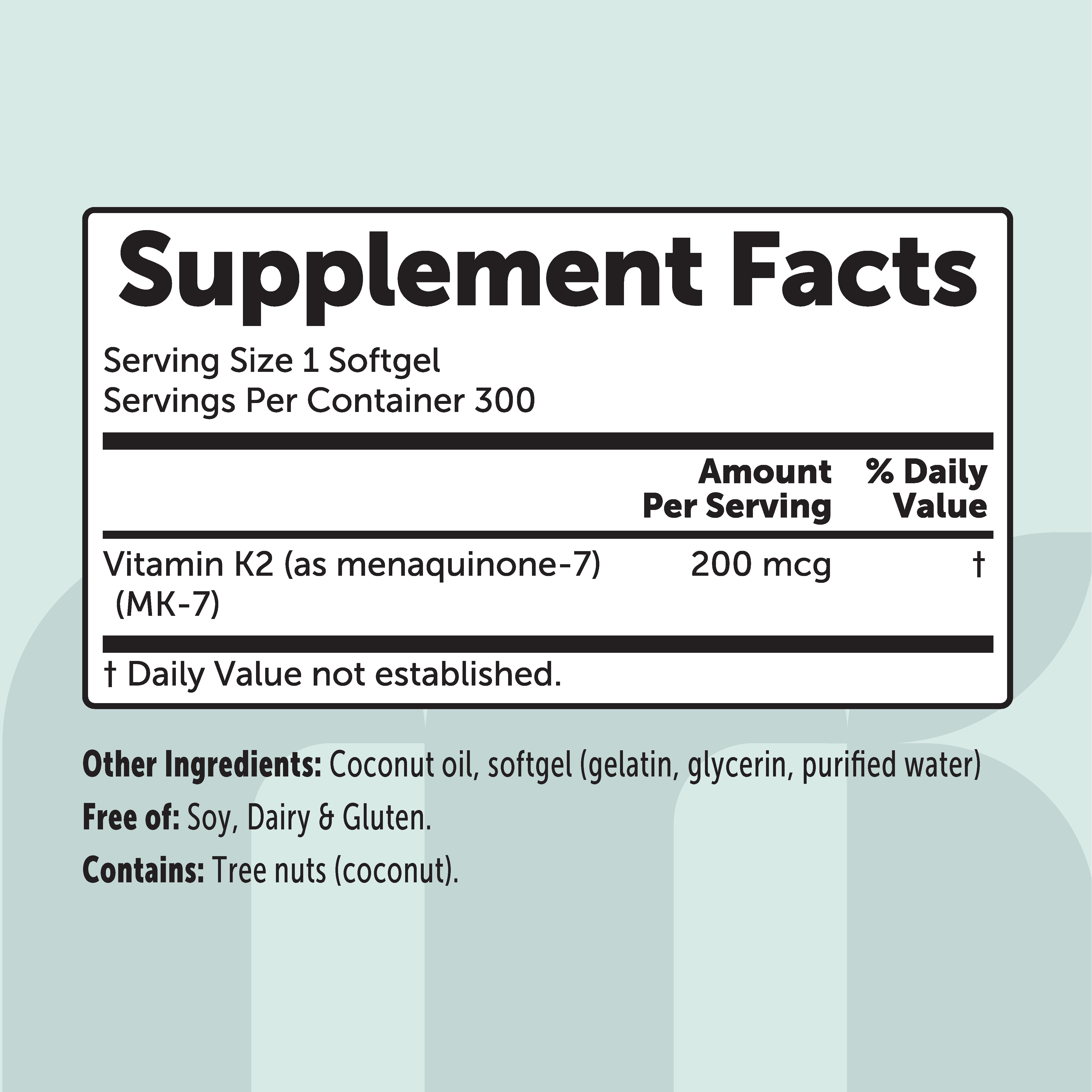 Micro Ingredients Vitamin K2 MK-7 Supplement, 200 mcg Per Serving, 300 Coconut Oil Softgles