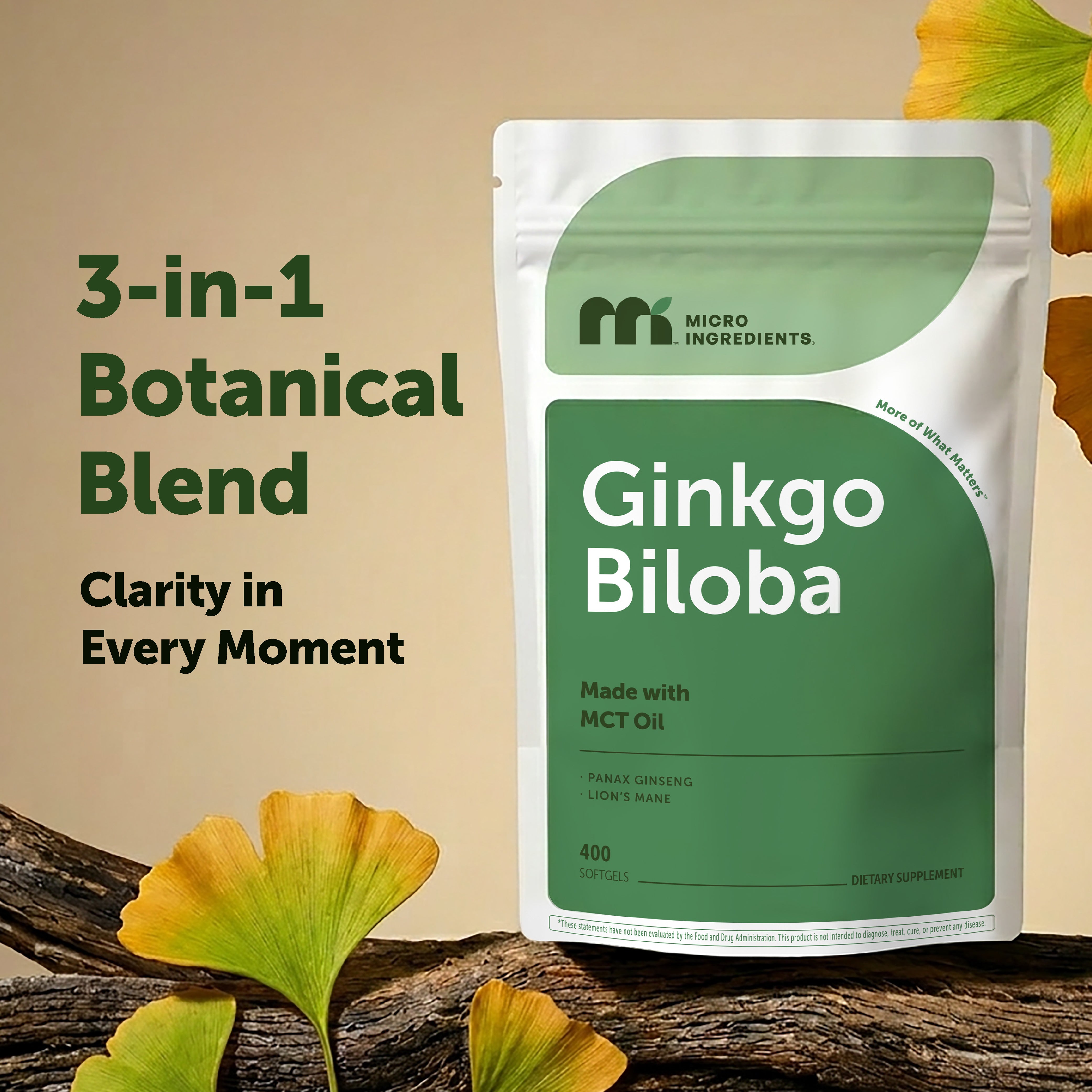Micro Ingredients Ginkgo Biloba, 400 Softgels, 3-in-1 with Ginseng & Lions Mane
