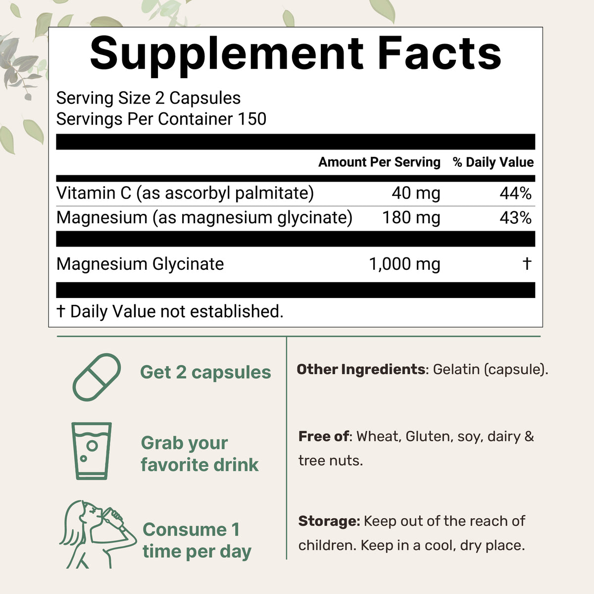 Micro Ingredients Pure Magnesium Glycinate 1,000mg Per Serving, 300 Capsules