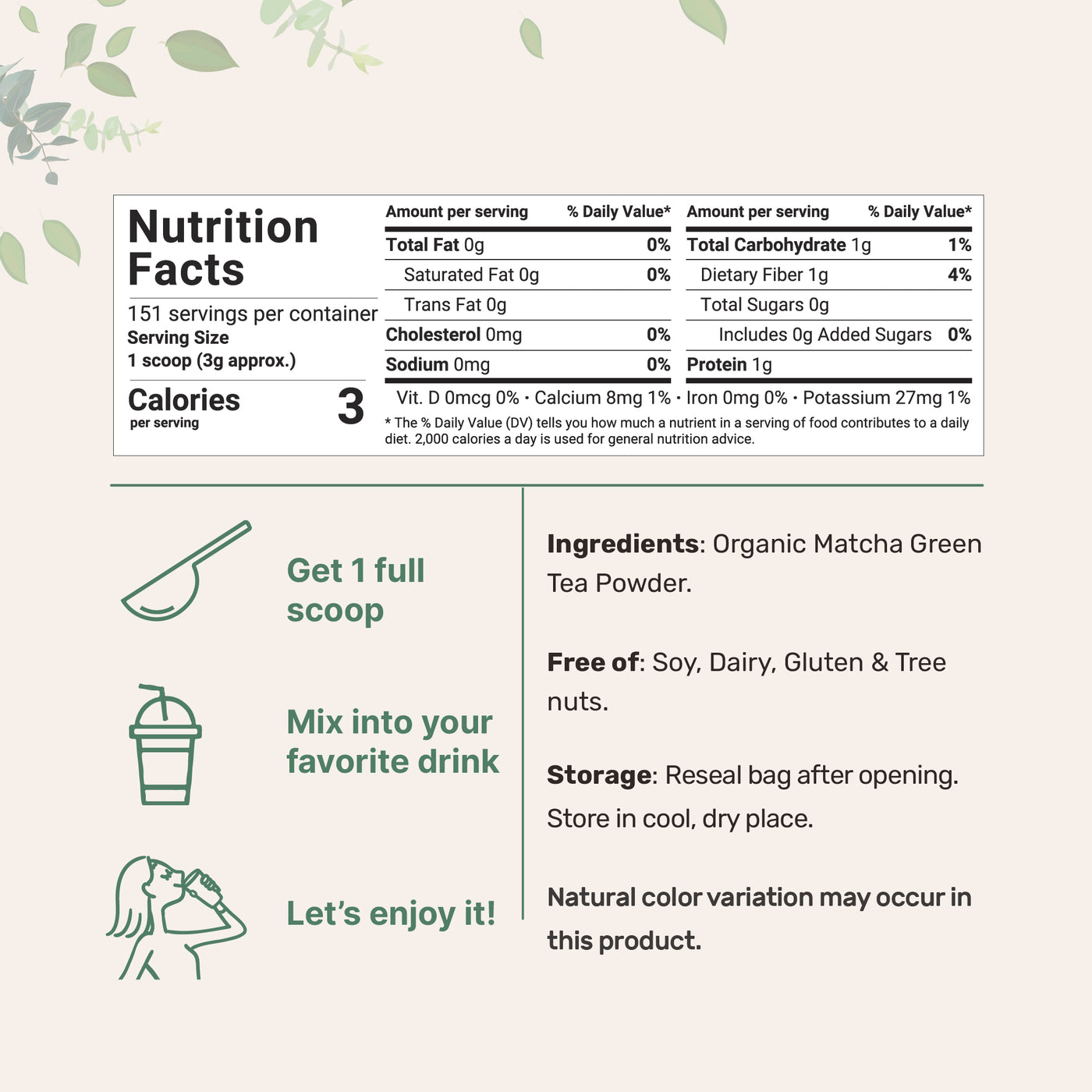 Organic Matcha Green Tea Powder Nutrition Facts