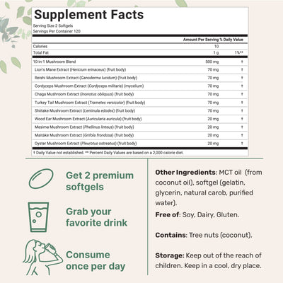 Micro Ingredients Mega Mushroom 10-in-1 with MCT Oil, 240 Softgels