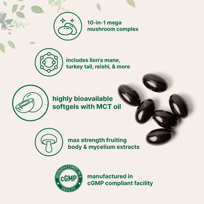 Micro Ingredients Mega Mushroom 10-in-1 with MCT Oil, 240 Softgels