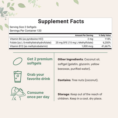 Micro Ingredients L Methylfolate 15mg with B6 Plus Methyl B12 | 240 Softgels with Coconut Oil