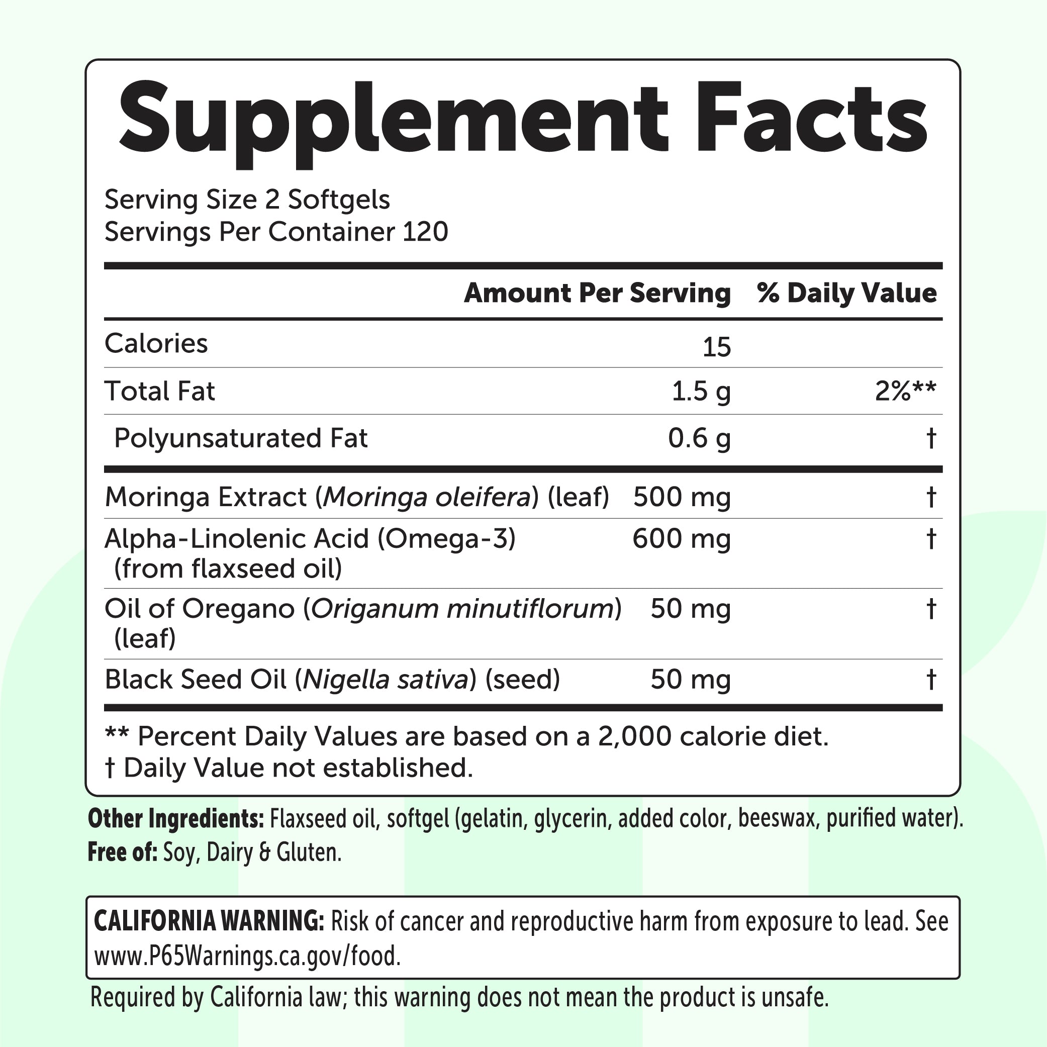 Micro Ingredients Moringa with Oregano Oil, Black Seed Oil & Omega-3, 240 Flaxseed Oil Softgels