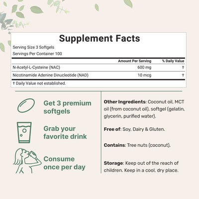 Micro Ingredients NAC 600mg with NAD+, N-Acetyl L-Cysteine + Nicotinamide + MCT Oil, Cellular Energy & Antioxidant Support