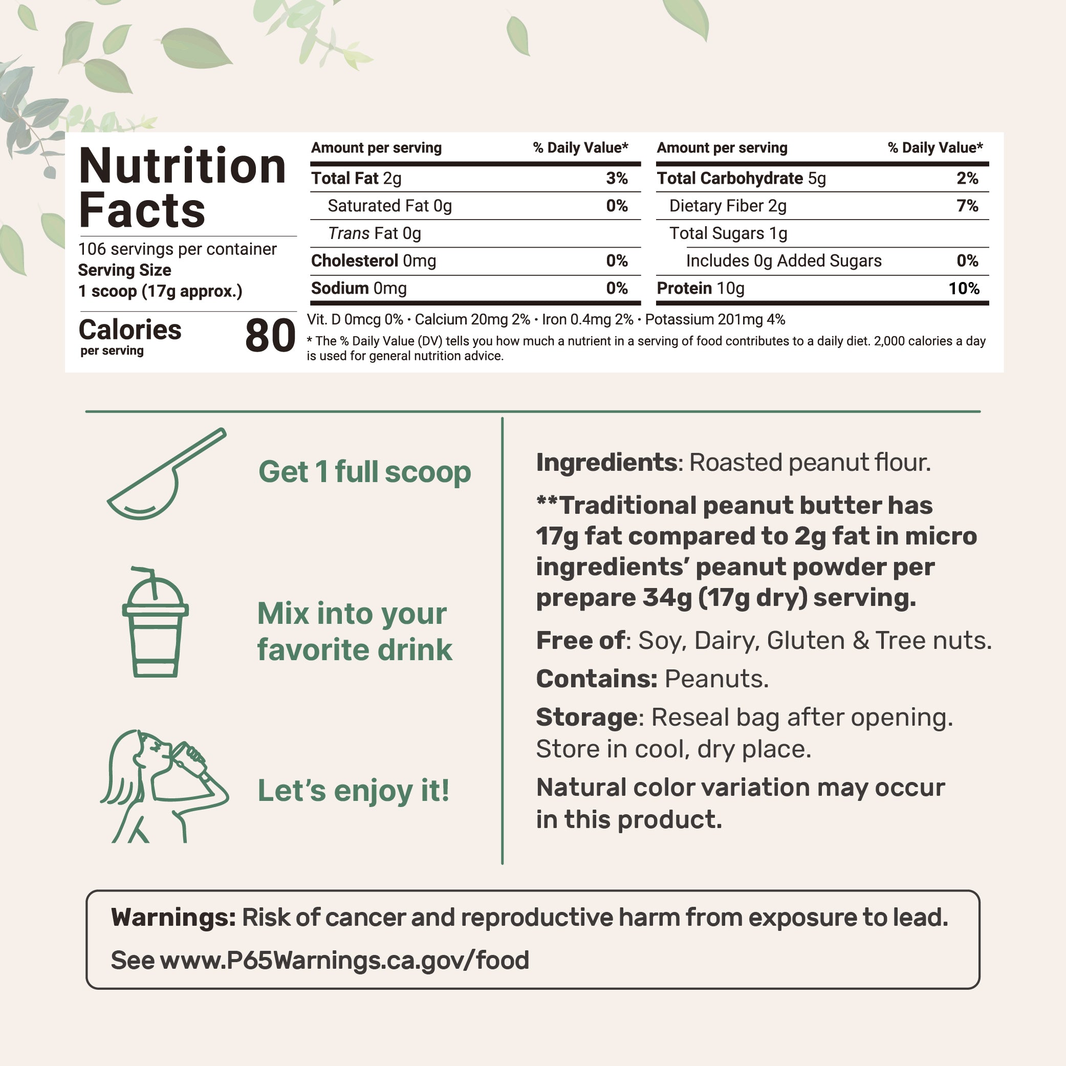 Micro Ingredients Pure Peanut Powder, 4lbs (106 Servings) | 10g Protein & 88% Less Fat