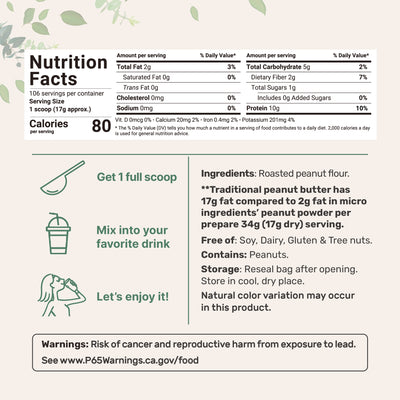 Micro Ingredients Pure Peanut Powder, 4lbs (106 Servings) | 10g Protein & 88% Less Fat