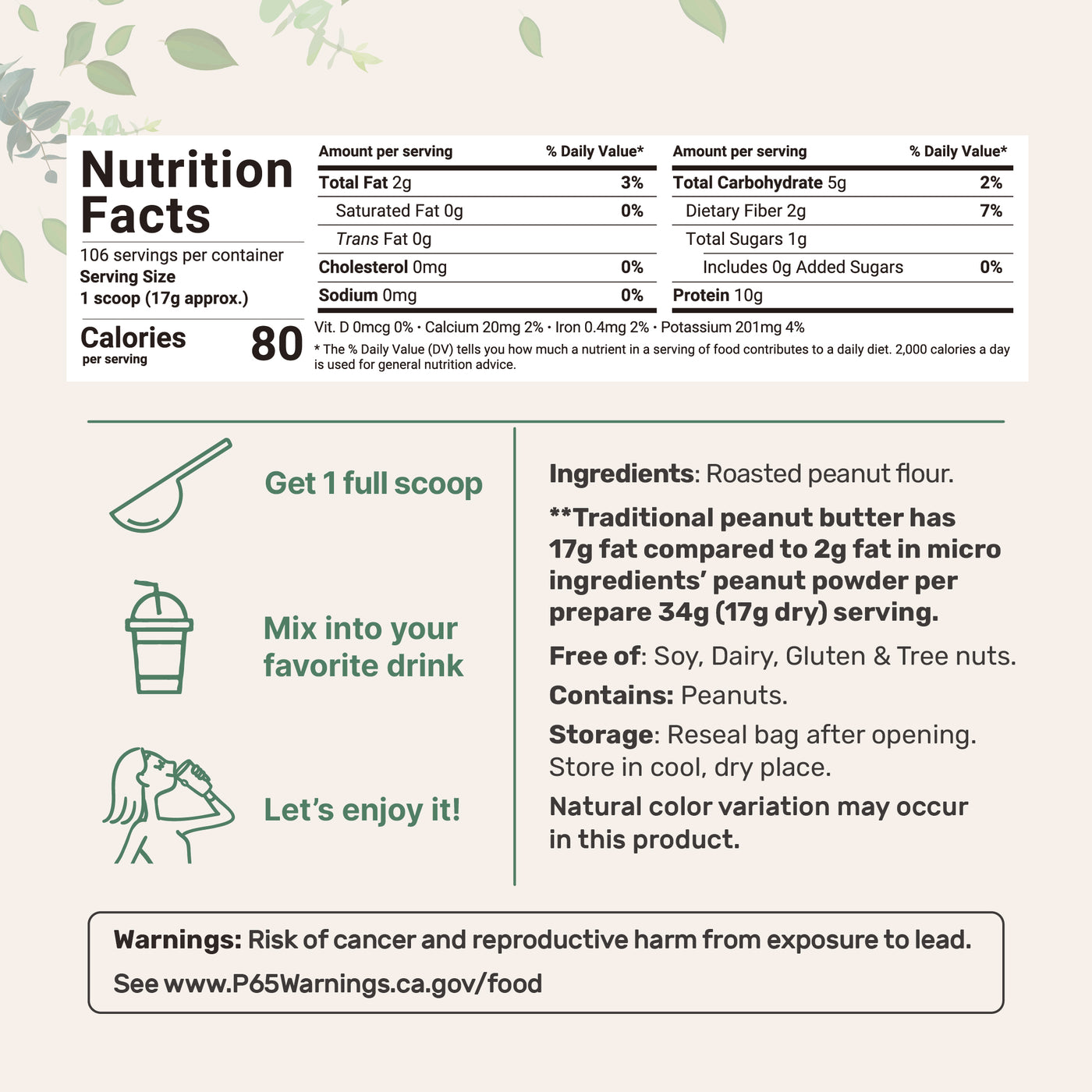 Micro Ingredients Pure Peanut Powder, 4lbs (106 Servings) | 10g Protein & 88% Less Fat
