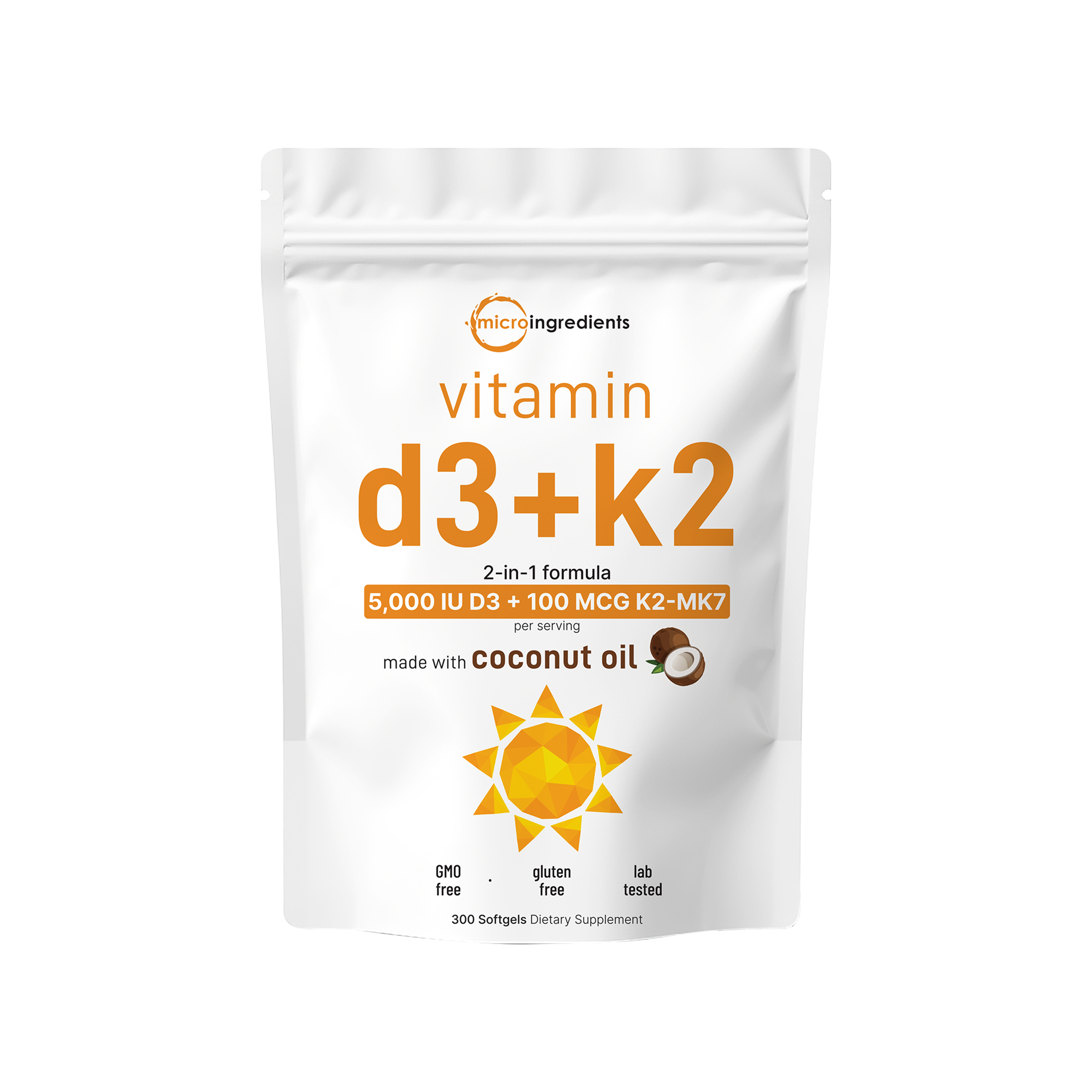 Micro Ingredients Vitamin D3 K2 5000IU /2000IU / 1000IU, Infused with Virgin Coconut Oil, 300 Softgels