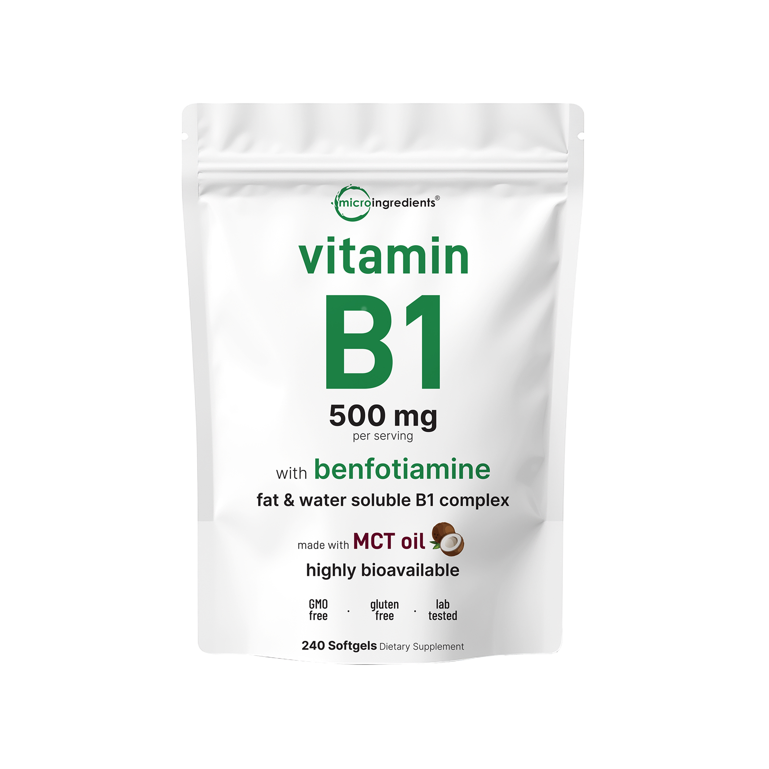 Micro Ingredients Vitamin B1 500mg with Benfotiamine with MCT Oil, 240 softgels