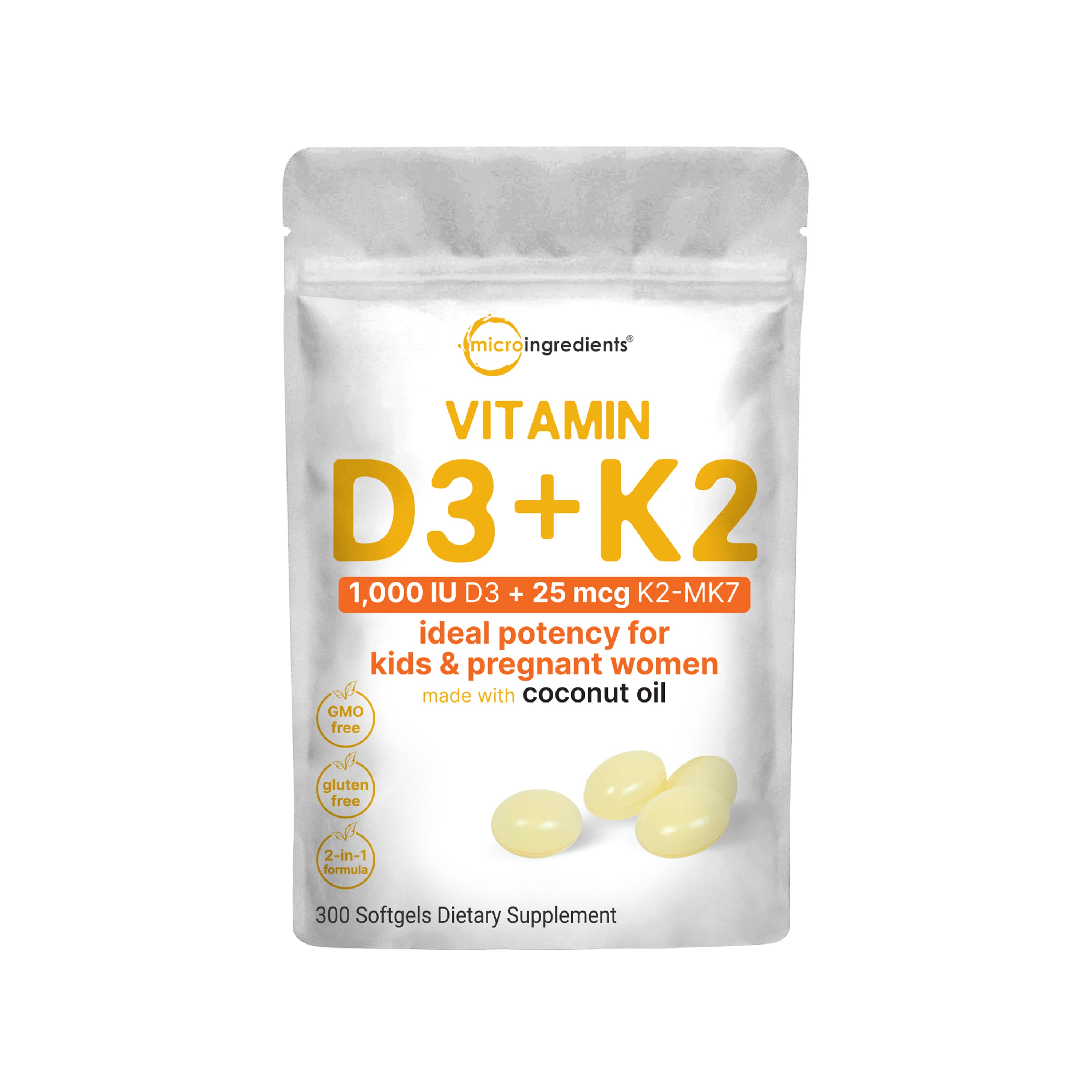 Micro Ingredients Vitamin D3 K2 5000IU /2000IU / 1000IU, Infused with Virgin Coconut Oil, 300 Softgels