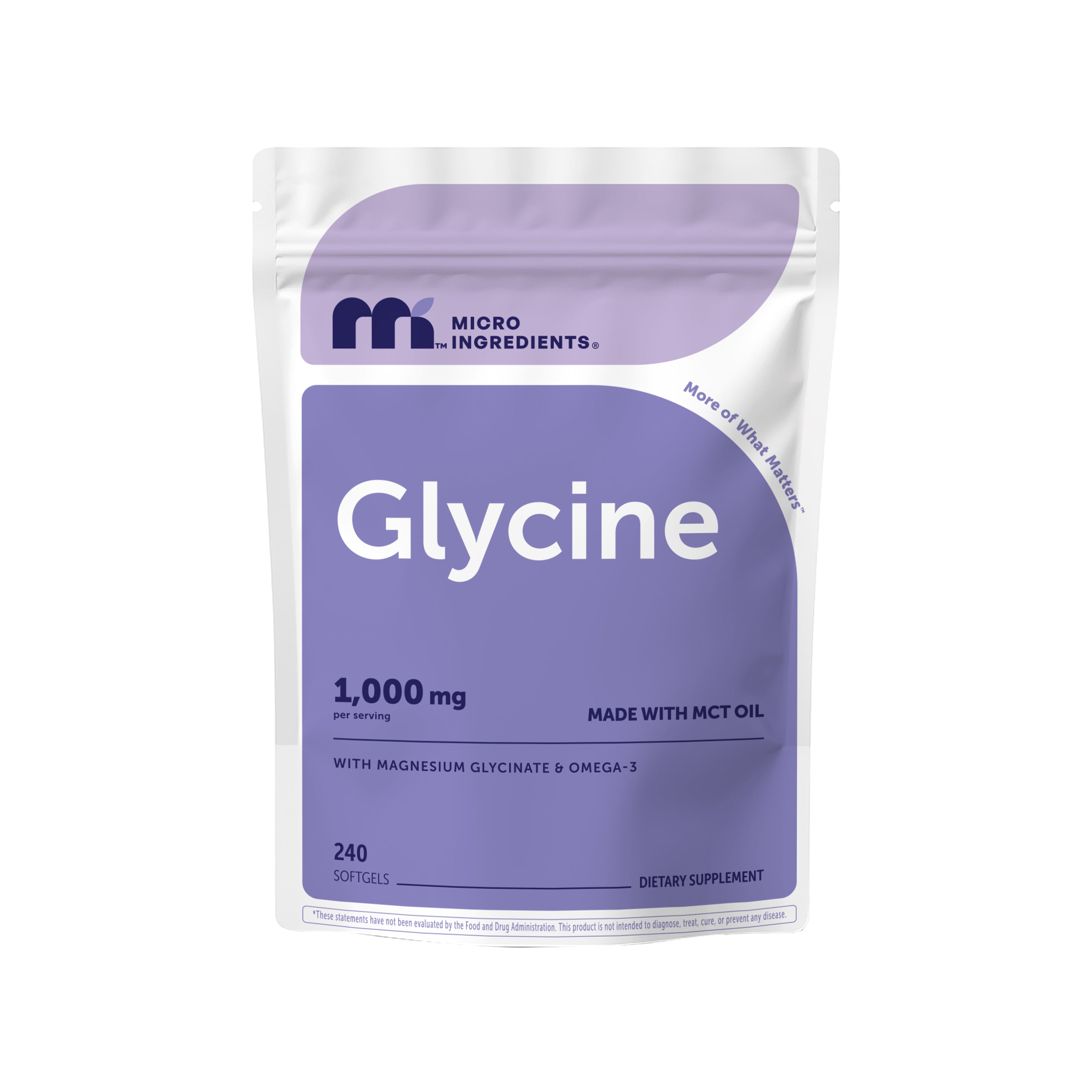 Micro Ingredients Glycine (Amino Acid) 1000mg with MCT Oil, 240 Softgels